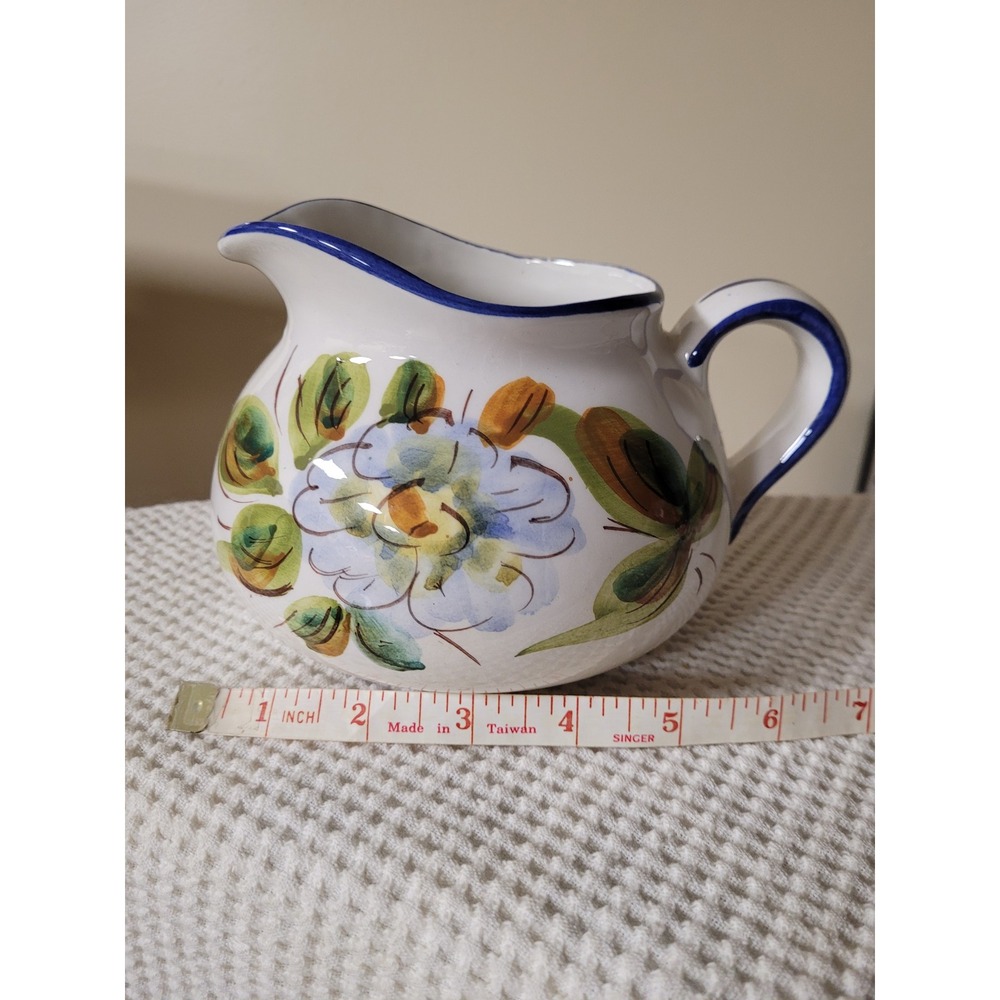 FTD Vintage Hand Painted Italy Ceramic‎ Floral Creamer Pitcher Blue White Small